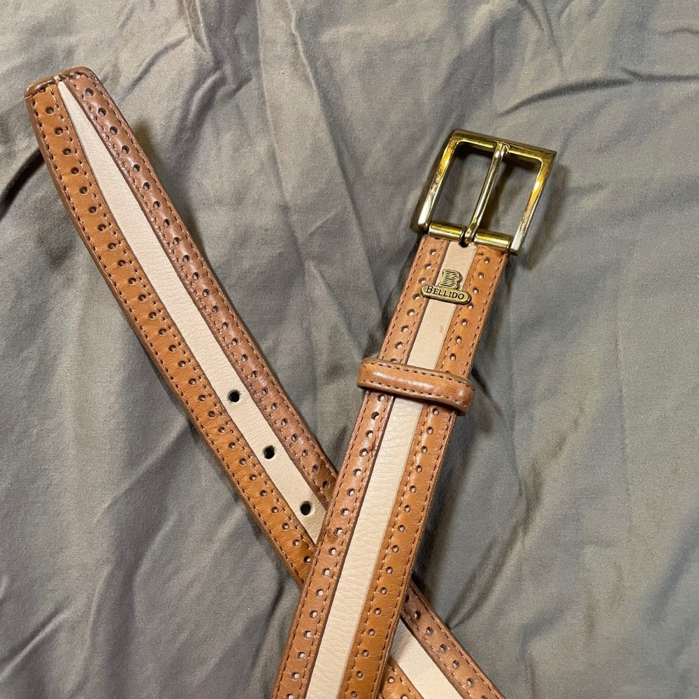Miguel Bellido Mens Brown Leather Brogue Belt Two Tone Gold Buckle Made in USA